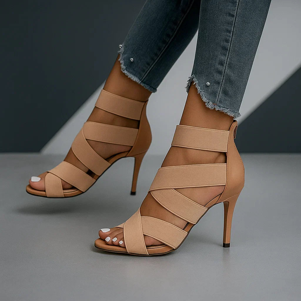 Women's Stiletto Heels with Stretchy Crossover Straps and Back Zip