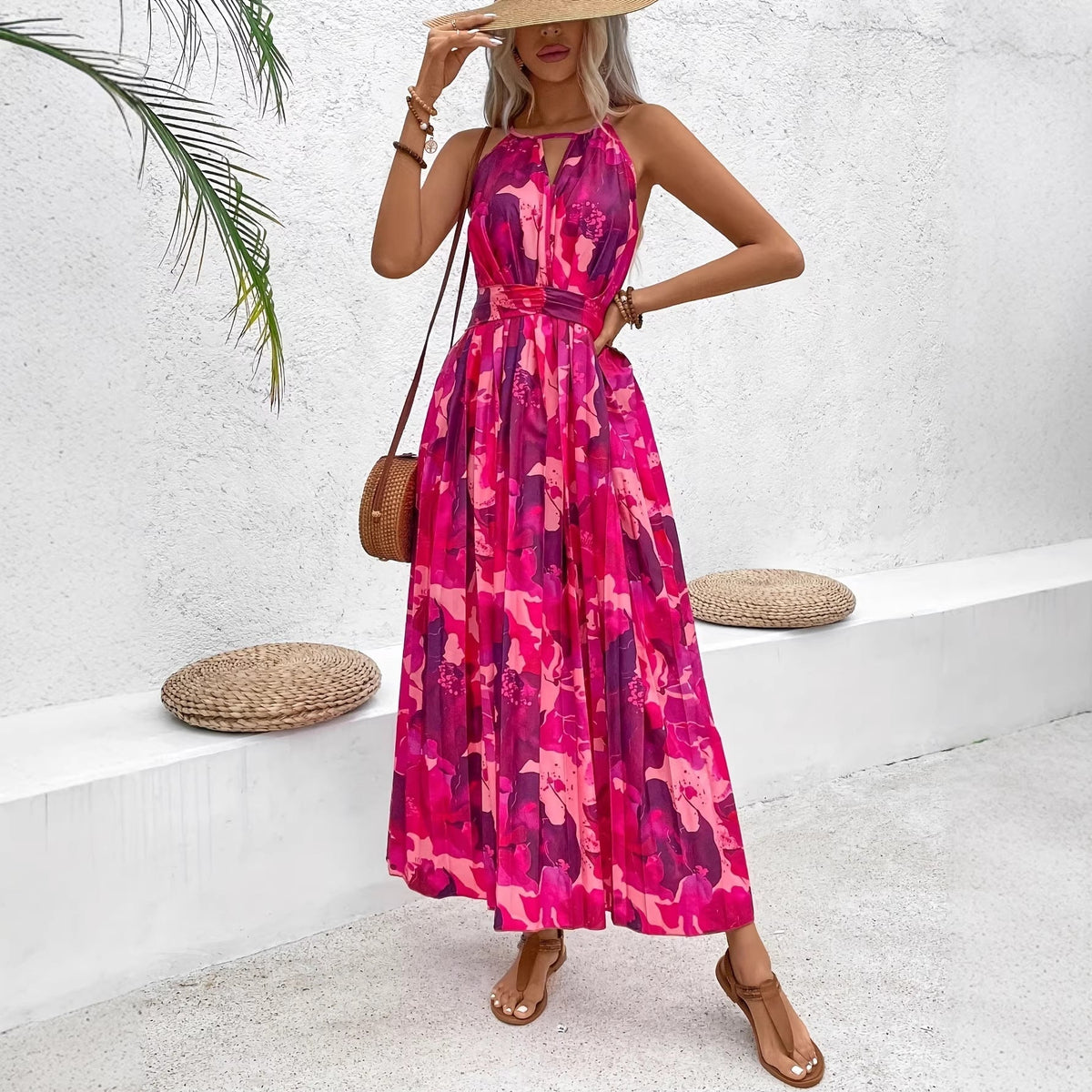 Women's Sleeveless Floral Print Midi Dress with Pleated Waist and A-Line Cut