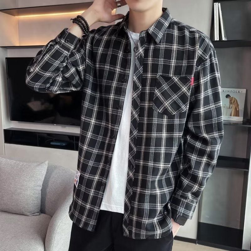 Men's Spring Long-Sleeve Check Shirt, Fitted