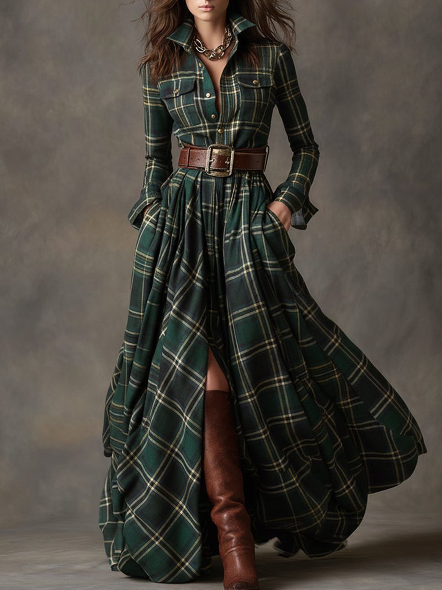 Plaid Shirt Dress with Belt for Women