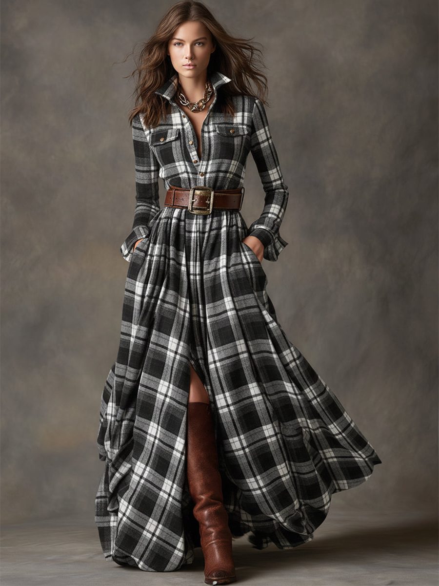 Plaid Shirt Dress with Belt for Women
