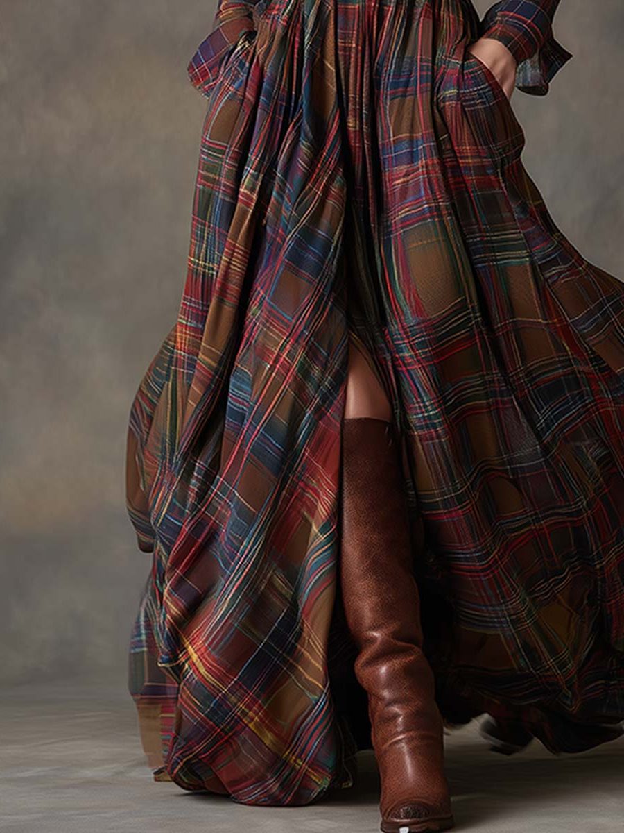 Plaid Shirt Dress with Belt for Women