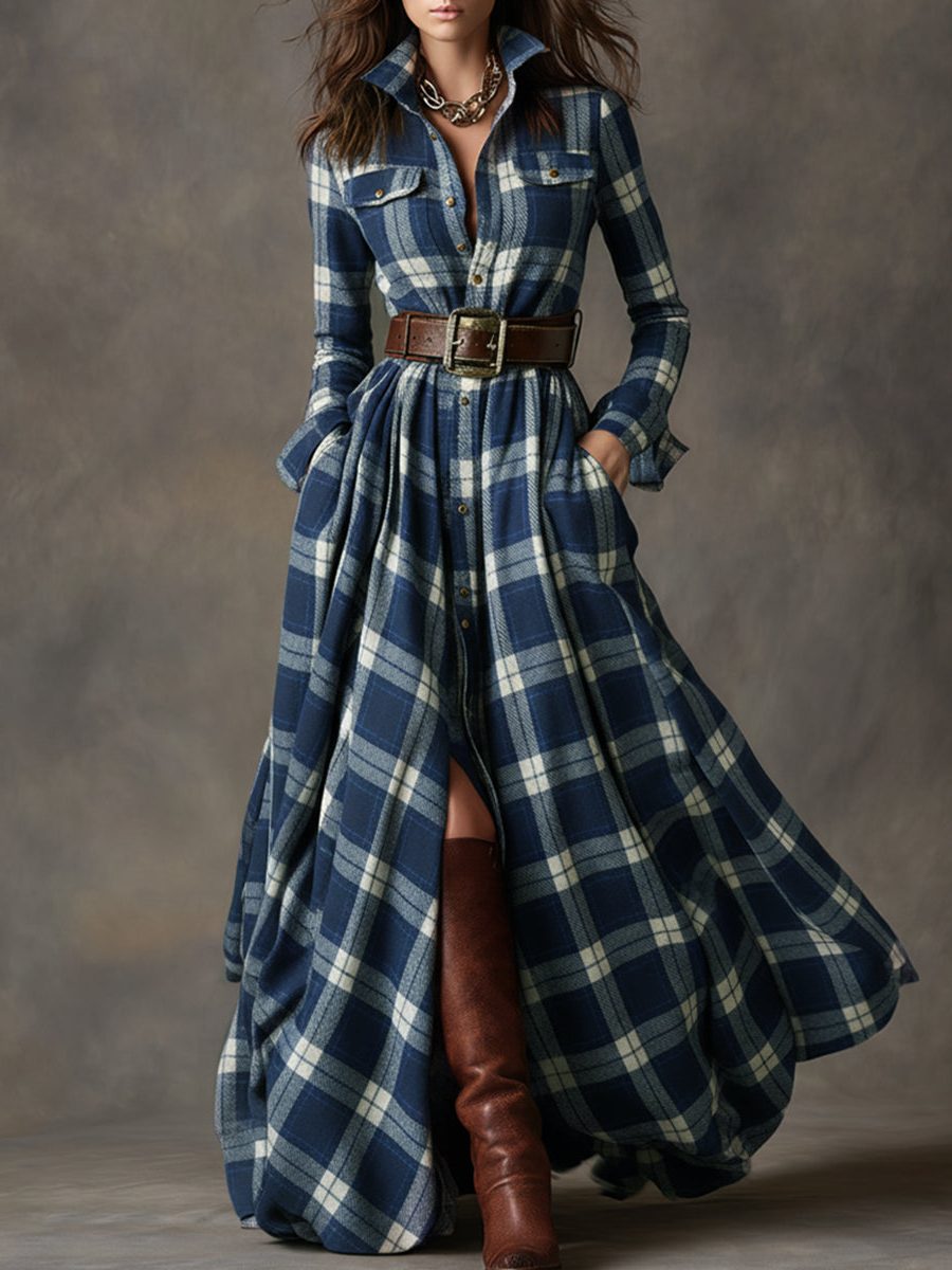 Plaid Shirt Dress with Belt for Women