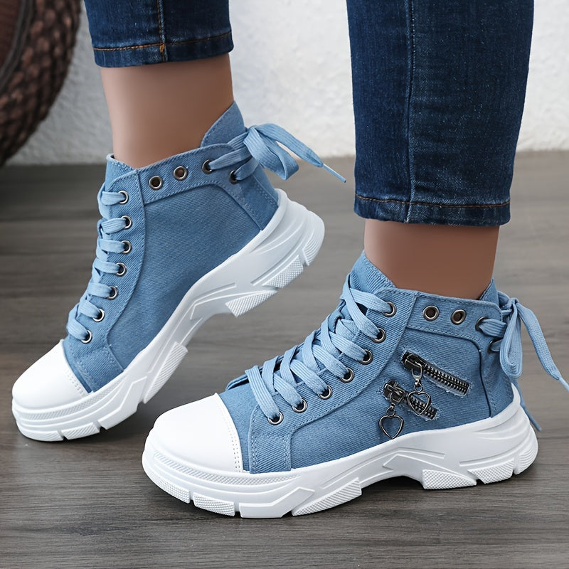 Women's Platform Trainers with Raised Sole, Lacing and Side Zip