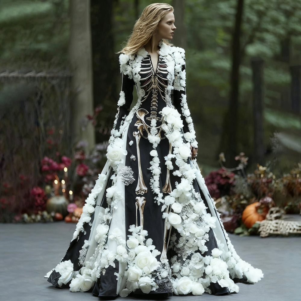 Women's Maxi Dress with Long Sleeves and Skeleton Flower Print for Halloween Parties