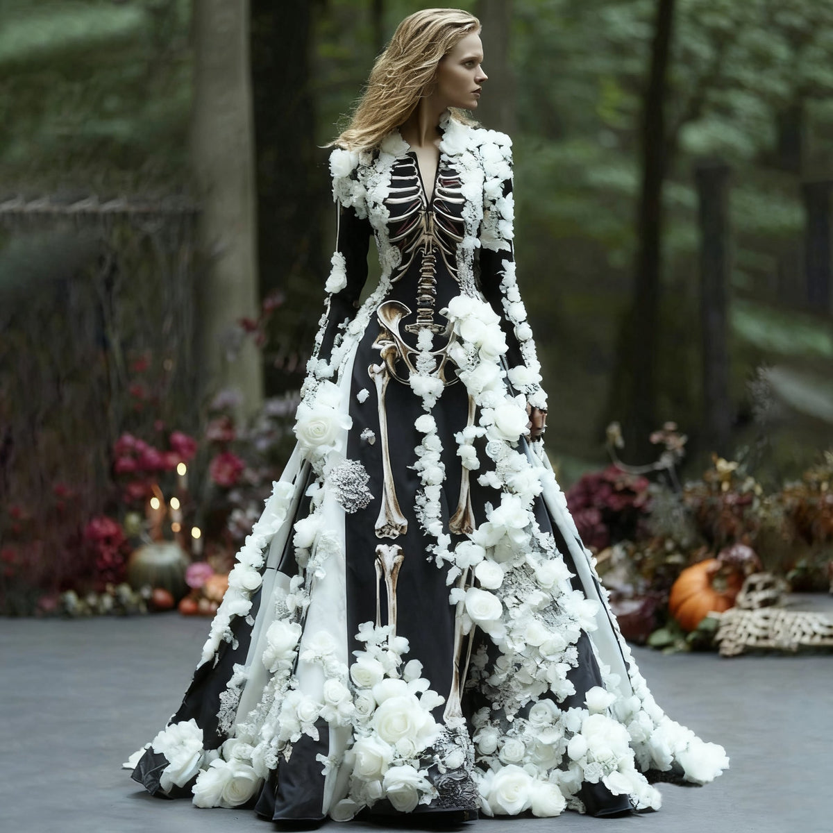 Women's Maxi Dress with Long Sleeves and Skeleton Flower Print for Halloween Parties