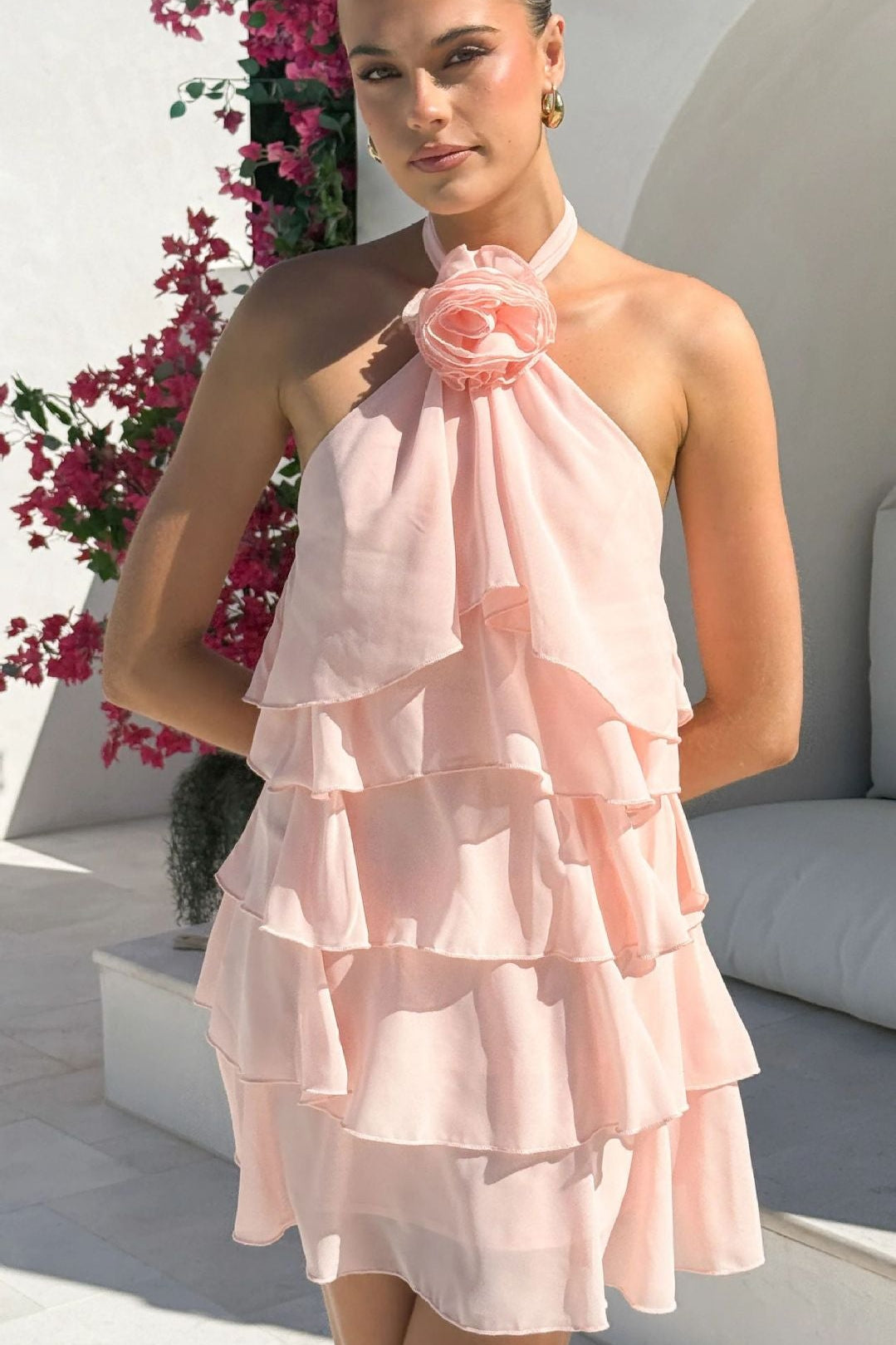 Women's Summer Midi Dress with Halter Neckline and 3D Floral Ruffle