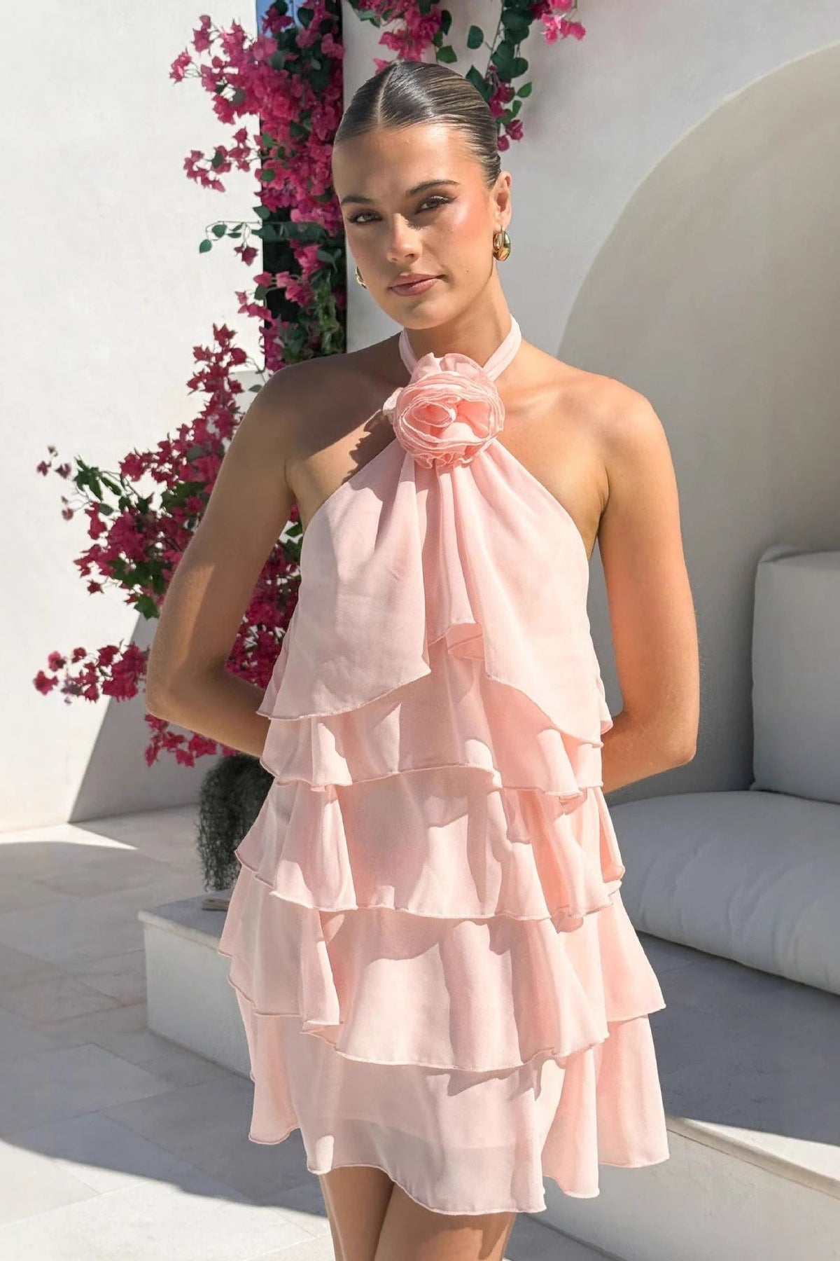 Women's Summer Midi Dress with Halter Neckline and 3D Floral Ruffle