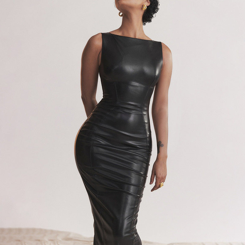 Women's Autumn Asymmetric Sleeveless Dress with High Waist and Faux Leather Trim