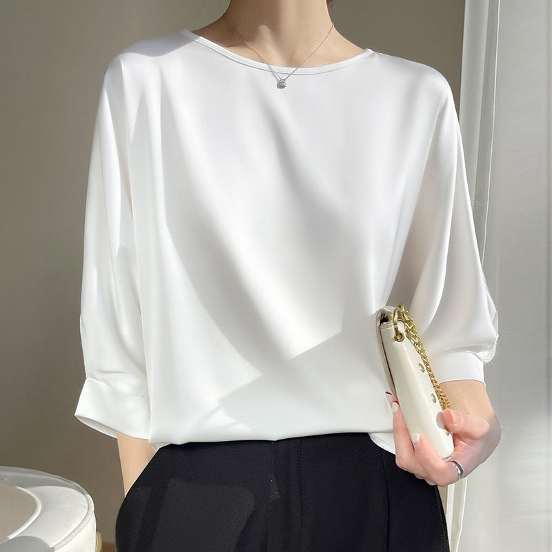Women's Summer Relaxed-Fit Top with Round Neck, 3/4 Sleeves, Cropped Cut and Ice Silk Satin Finish