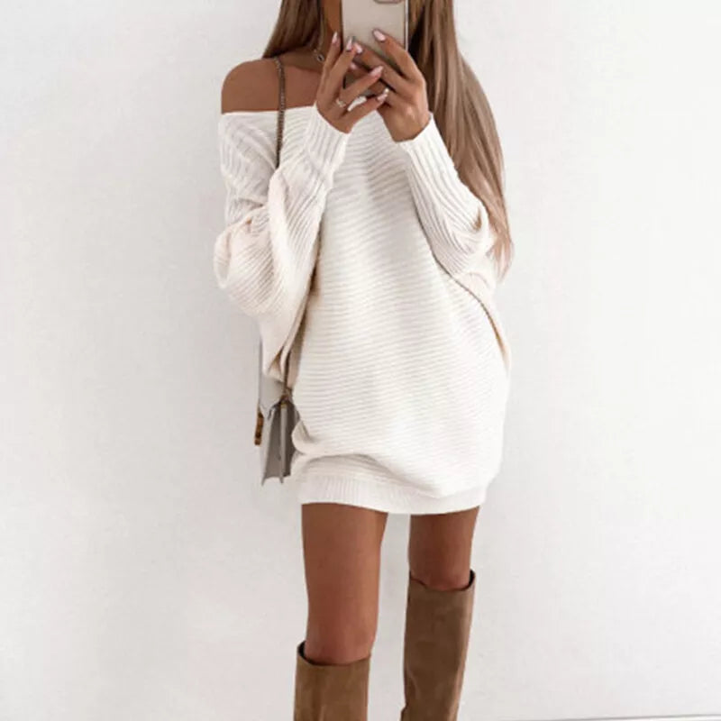 Women's Spring-Autumn Knitted Mini Dress with Long Sleeves and Ribbed Texture