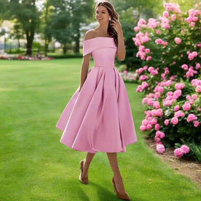 Women's Summer Strapless Midi Dress in a Satin Blend with a Flowing Cut