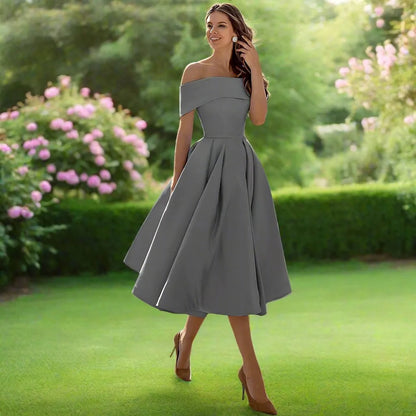 Women's Summer Strapless Midi Dress in a Satin Blend with a Flowing Cut