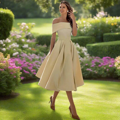 Women's Summer Strapless Midi Dress in a Satin Blend with a Flowing Cut