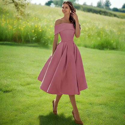 Women's Summer Strapless Midi Dress in a Satin Blend with a Flowing Cut