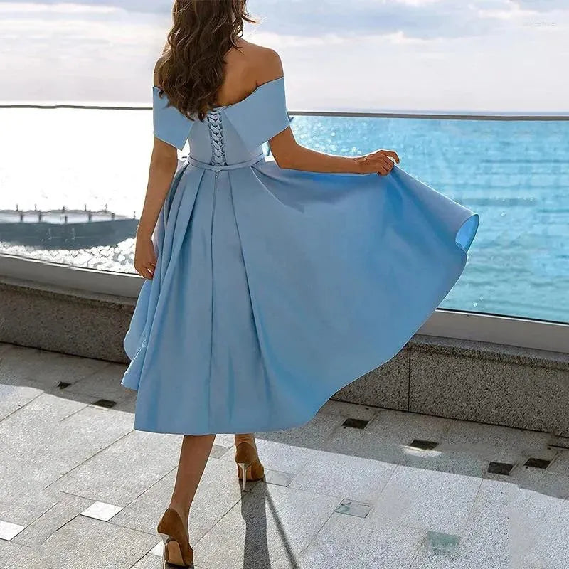 Women's Summer Strapless Midi Dress in a Satin Blend with a Flowing Cut