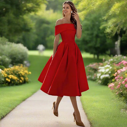 Women's Summer Strapless Midi Dress in a Satin Blend with a Flowing Cut