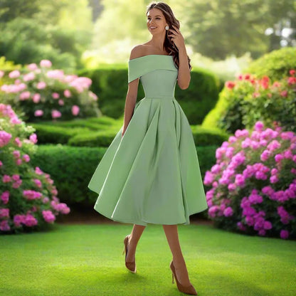Women's Summer Strapless Midi Dress in a Satin Blend with a Flowing Cut