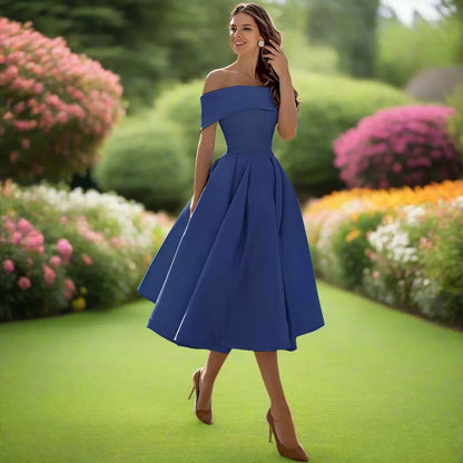 Women's Summer Strapless Midi Dress in a Satin Blend with a Flowing Cut