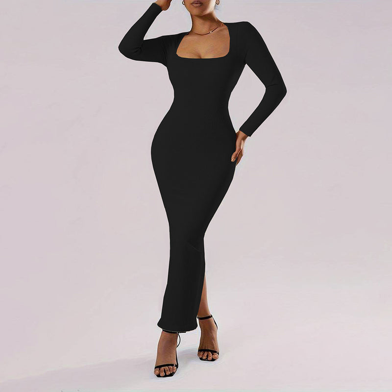 Women's Autumn and Winter Pencil Dress with Square Neckline and Long Sleeves