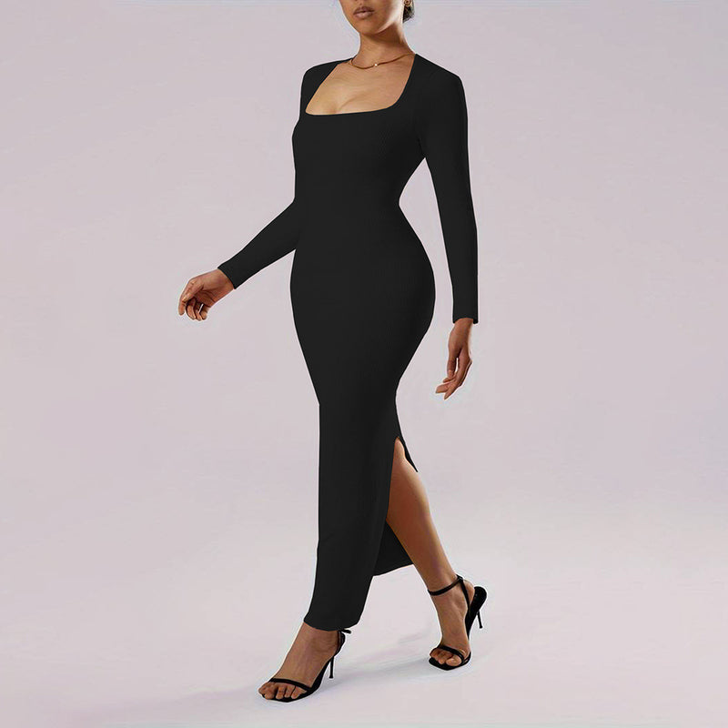 Women's Autumn and Winter Pencil Dress with Square Neckline and Long Sleeves
