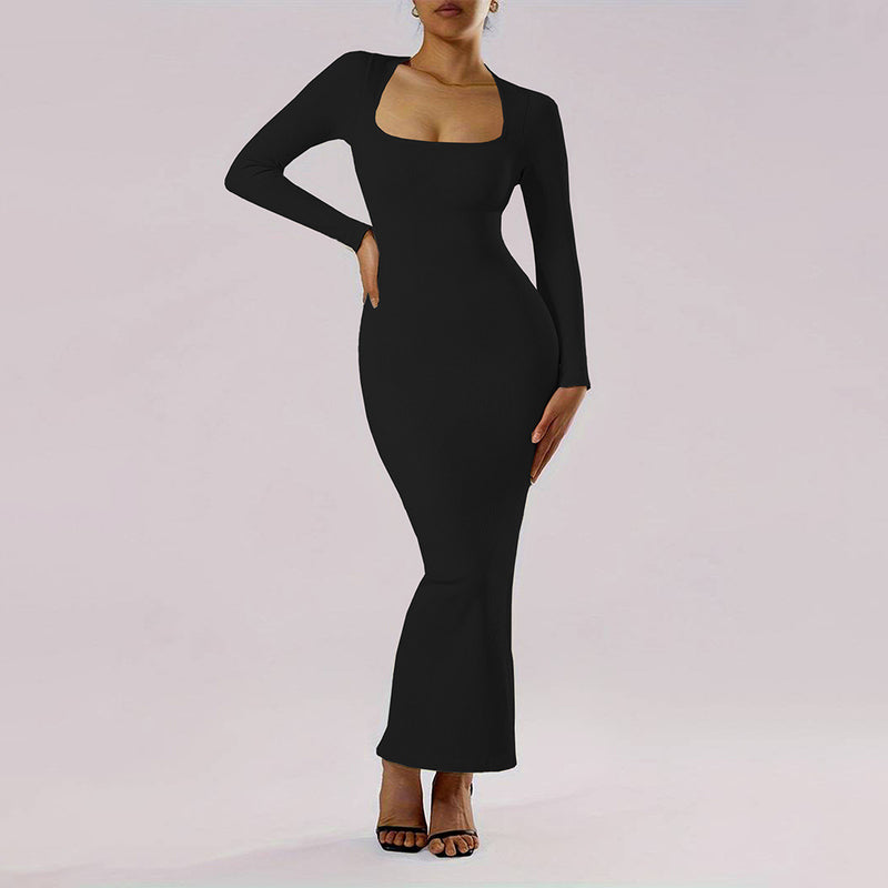 Women's Autumn and Winter Pencil Dress with Square Neckline and Long Sleeves
