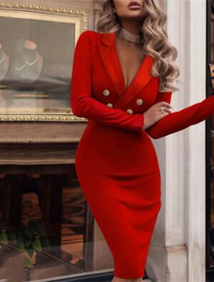 Women's Autumn Midi Pencil Dress with Long Sleeves, Deep V-Neck and Buttons