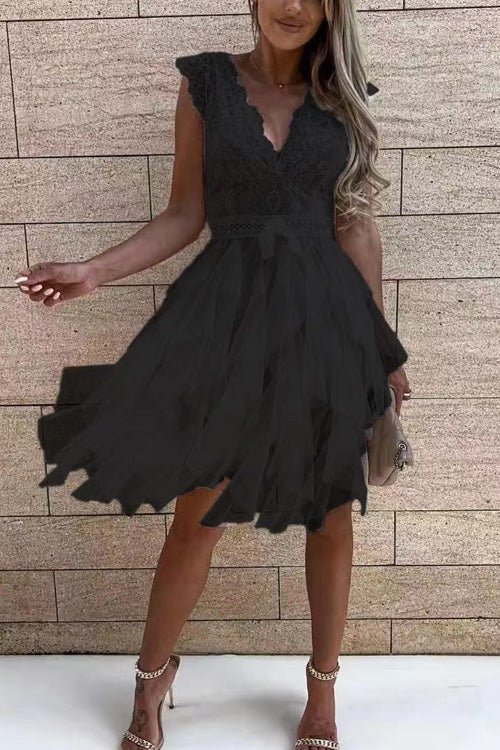 Women's Sleeveless Dress with V-Neck, Lace Trim and Back Tie