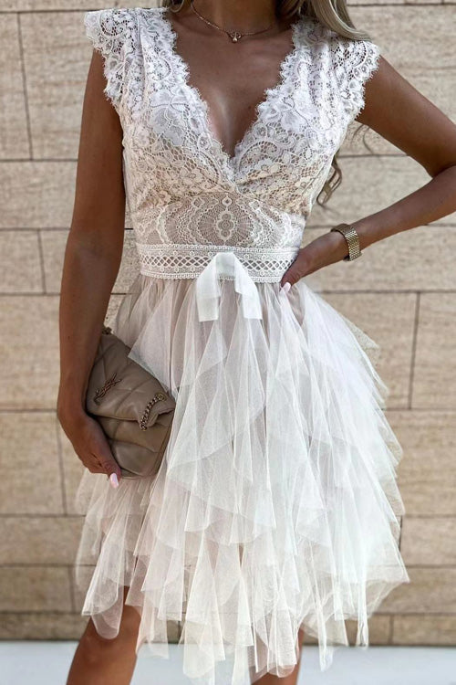 Women's Sleeveless Dress with V-Neck, Lace Trim and Back Tie