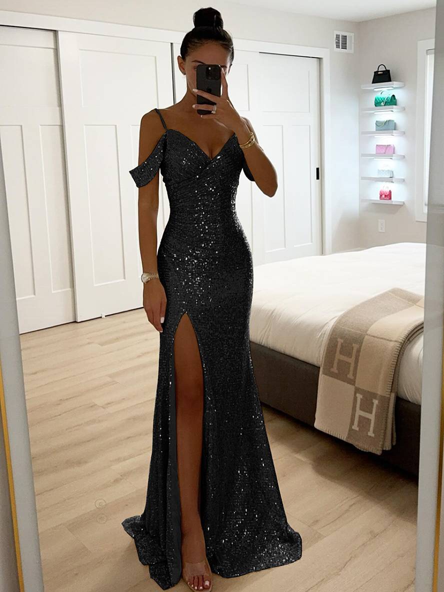 Women's Spring Sleeveless Maxi Dress with V-Neck, Sequins and Slit