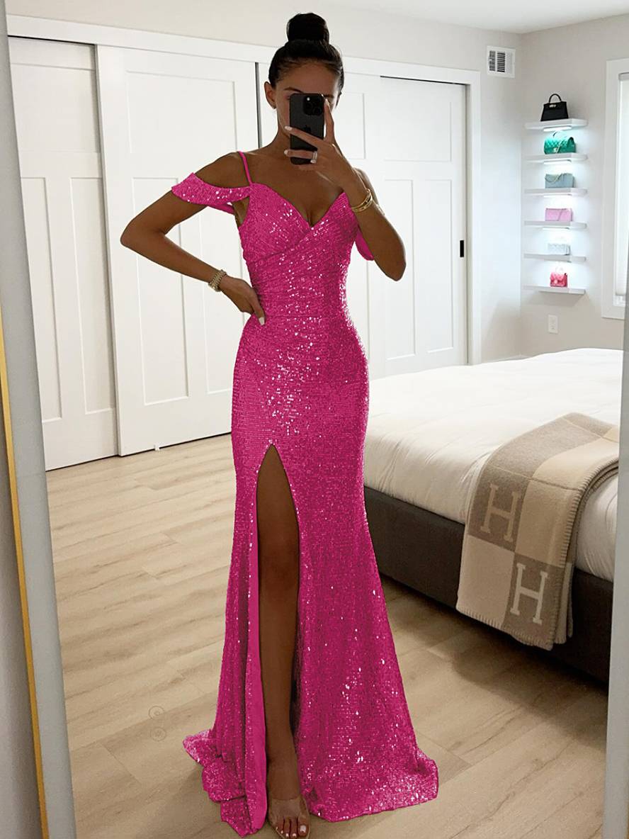 Women's Spring Sleeveless Maxi Dress with V-Neck, Sequins and Slit