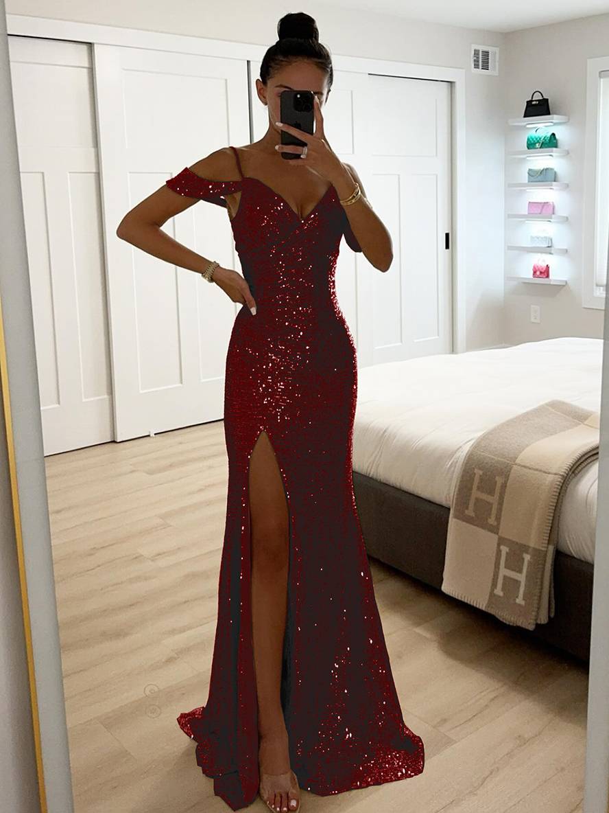 Women's Spring Sleeveless Maxi Dress with V-Neck, Sequins and Slit