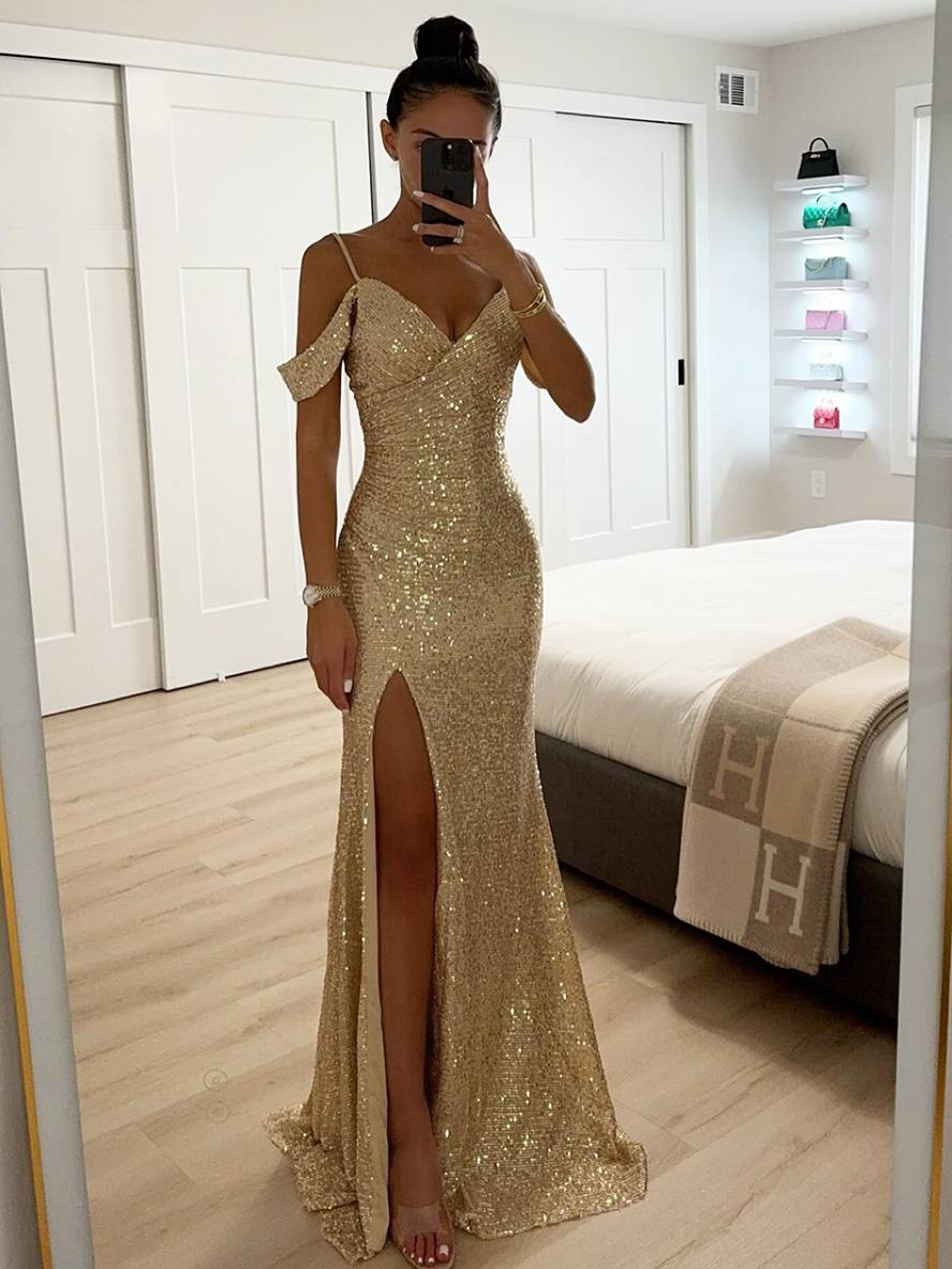 Women's Spring Sleeveless Maxi Dress with V-Neck, Sequins and Slit