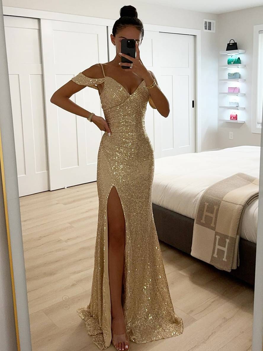 Women's Spring Sleeveless Maxi Dress with V-Neck, Sequins and Slit