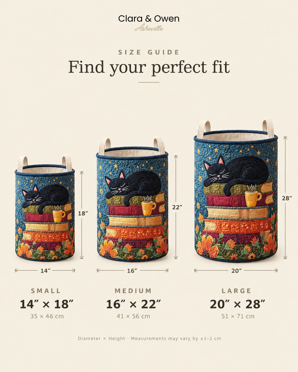 Quilted cat library laundry basket with handles, foldable laundry basket in 3 sizes