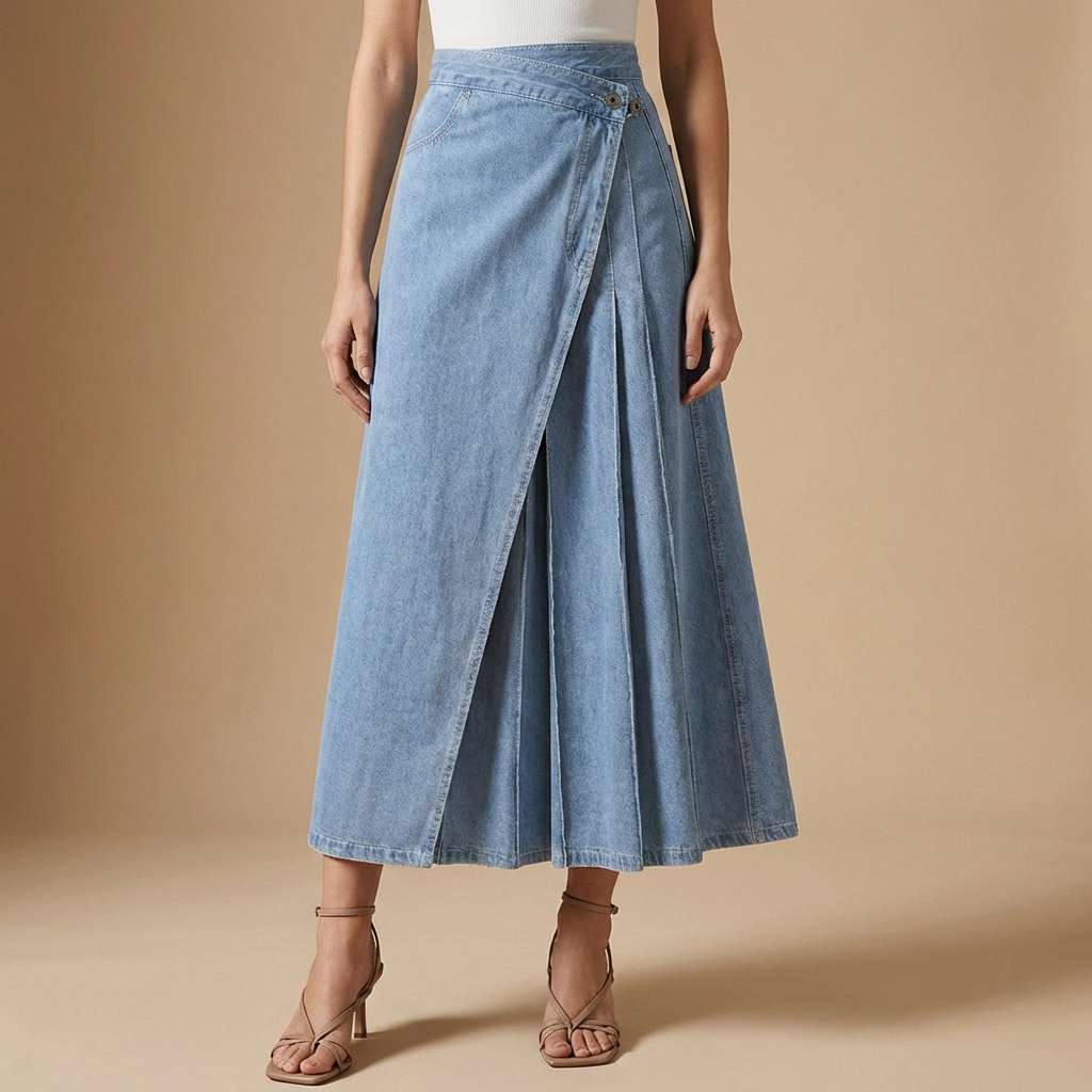 Women's High-Waisted Denim Skirt with Front Slit