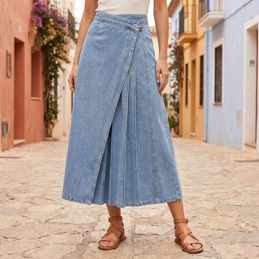 Women's High-Waisted Denim Skirt with Front Slit