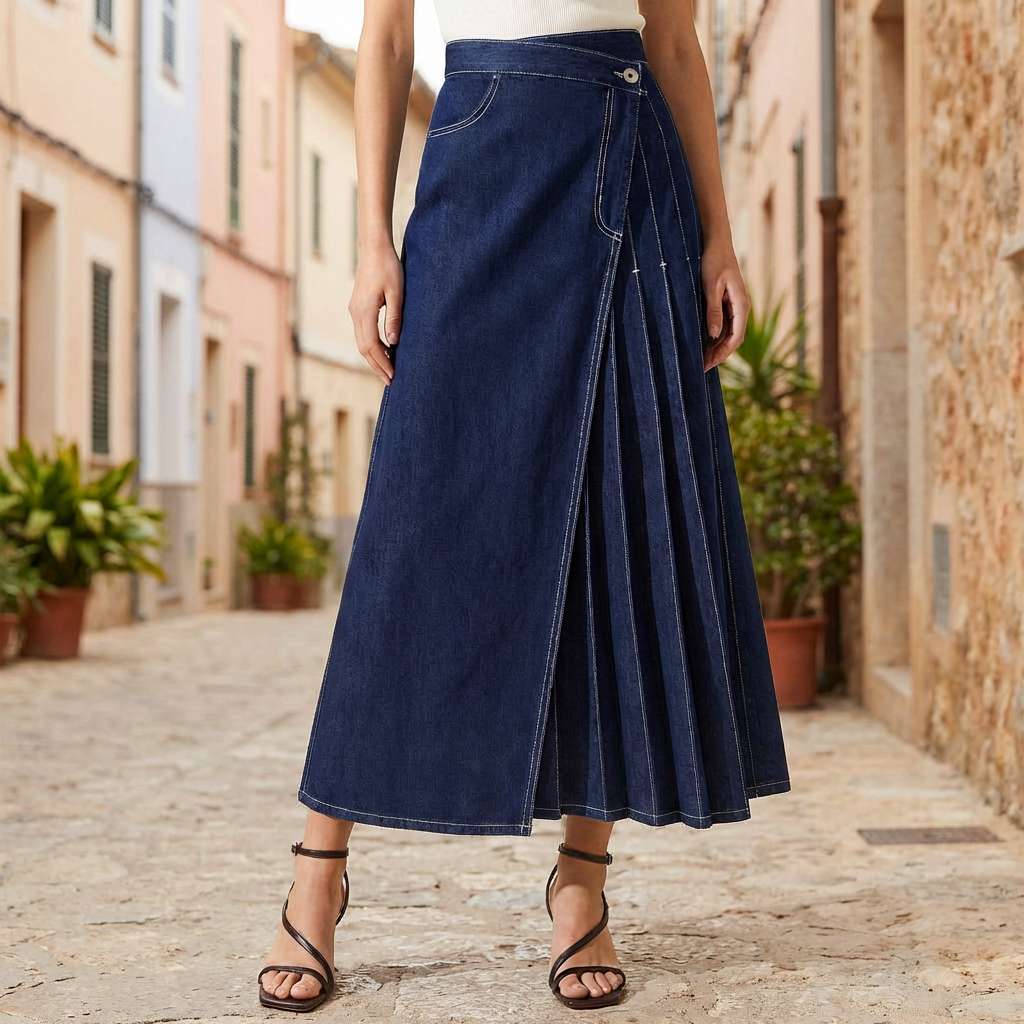 Women's High-Waisted Denim Skirt with Front Slit