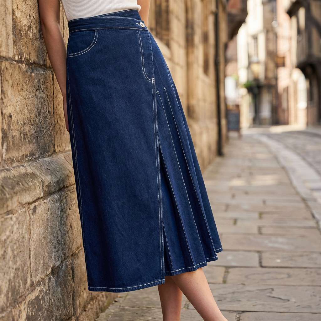 Women's High-Waisted Denim Skirt with Front Slit