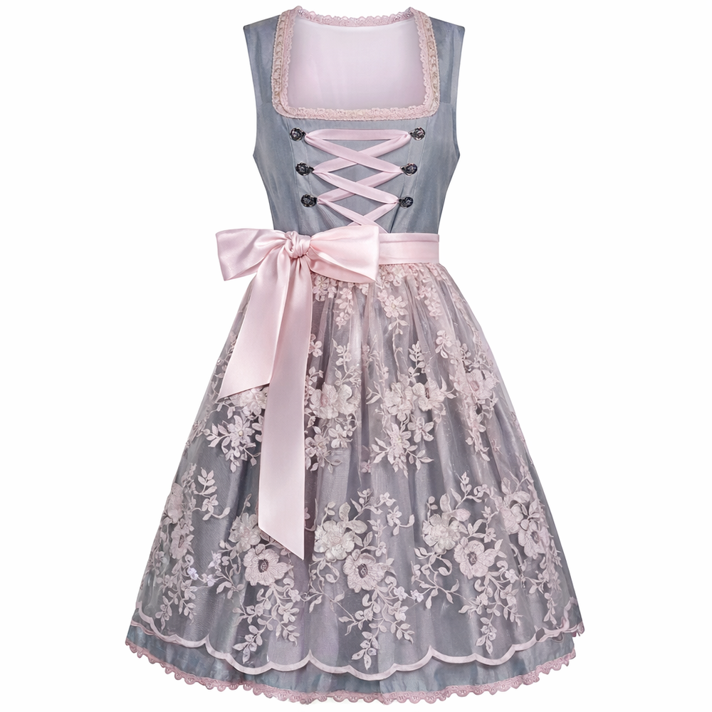 Women's Dirndl Dress with Stand Collar, Front Lacing and Lace Trim.