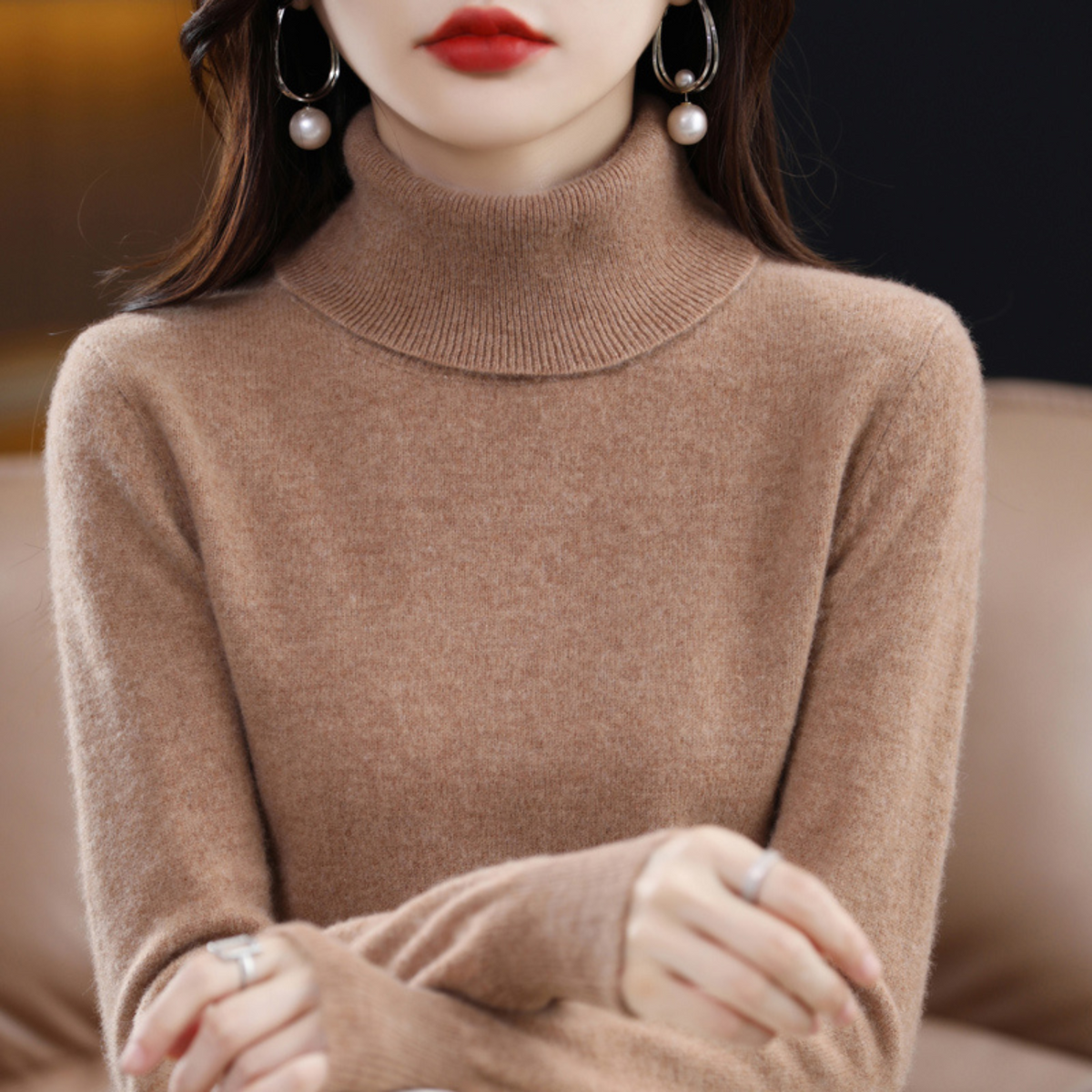 Women's 100% cashmere polo neck jumper – soft, regular fit