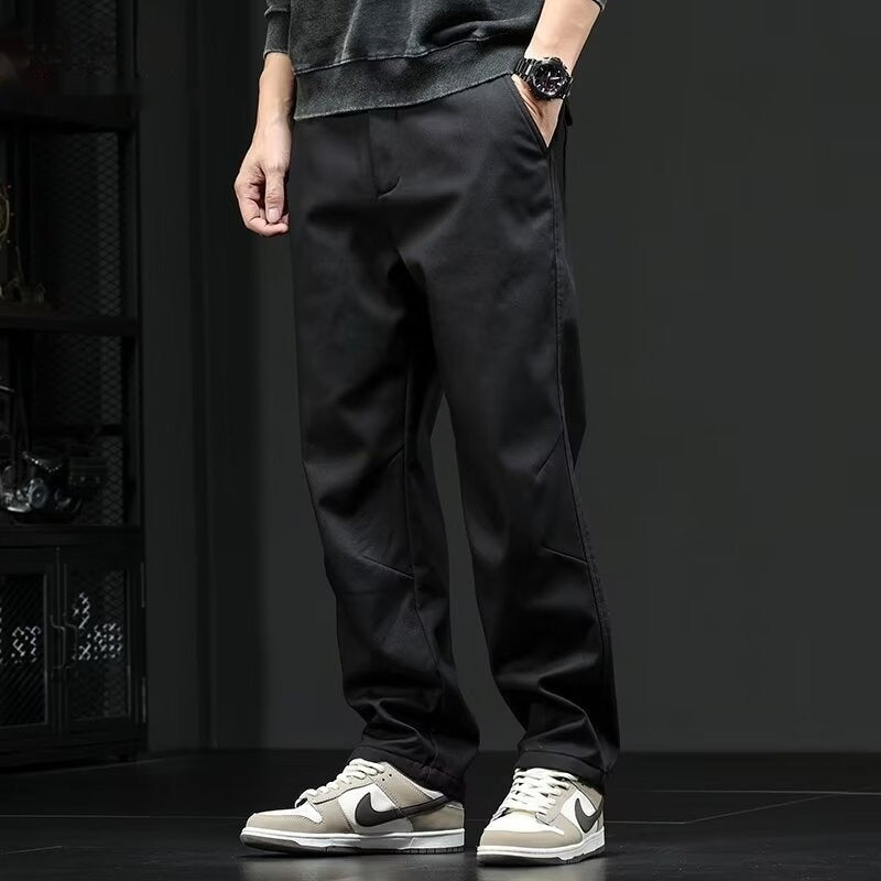 Men's Loose Straight Trousers with Mid Rise and Solid Colour