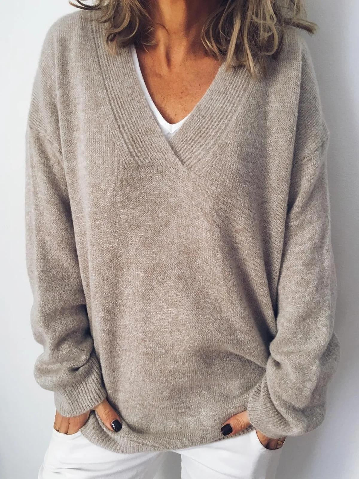 Apricot V-Neck Long-Sleeve Sweater – Casual Solid Style for Everyday Wear