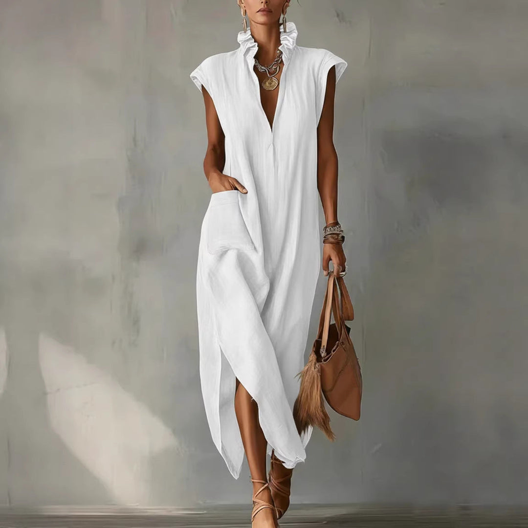 Women's Sleeveless Shirt Dress in a Cotton-Linen Style – Relaxed Fit Midi