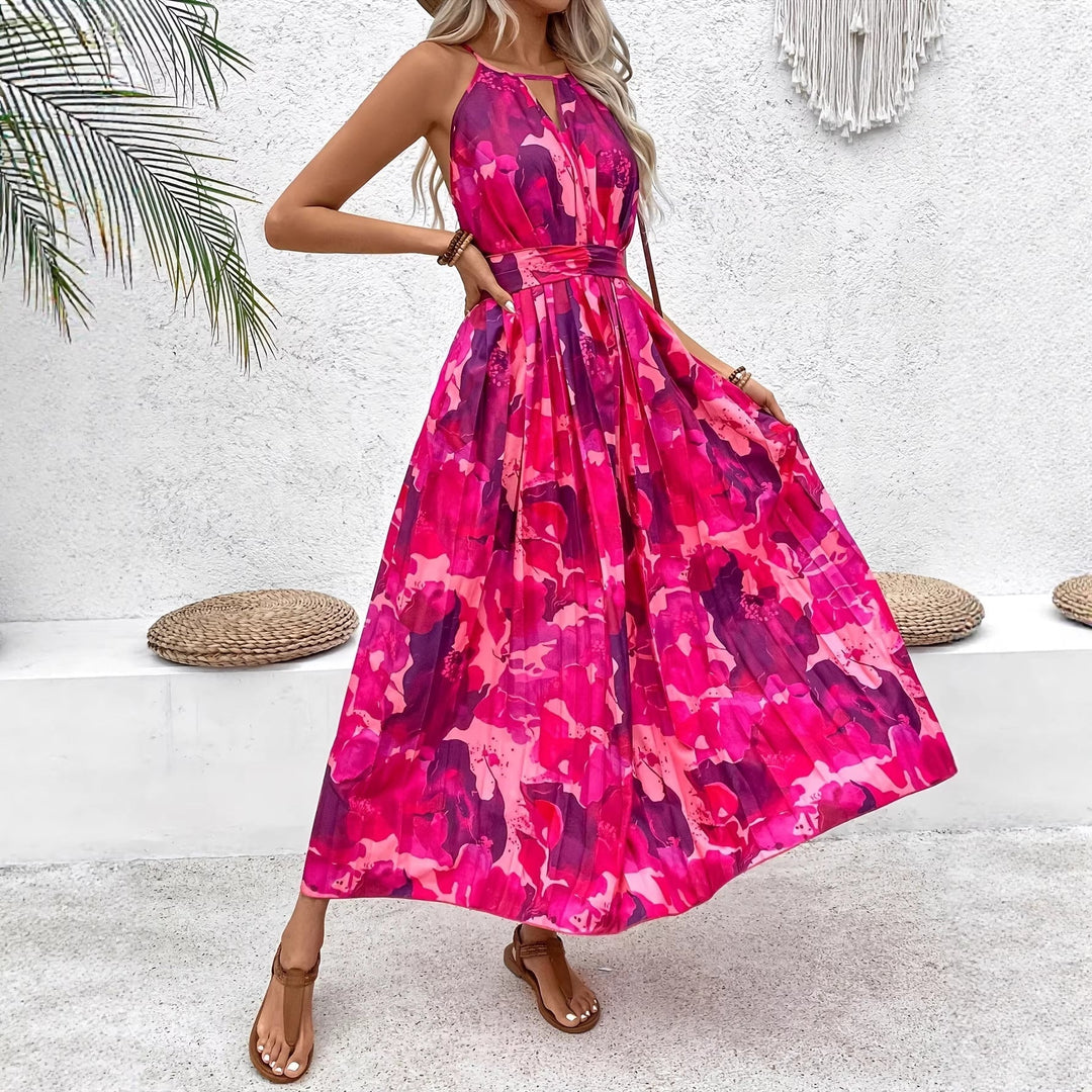 Women's Sleeveless Floral Print Midi Dress with Pleated Waist and A-Line Cut