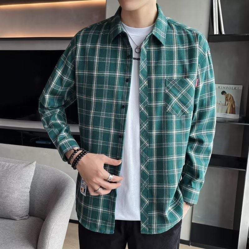 Men's Spring Long-Sleeve Check Shirt, Fitted