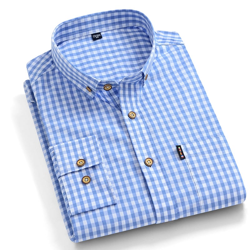 Men's Long-Sleeve Fitted Shirt with Square Collar and Check Pattern