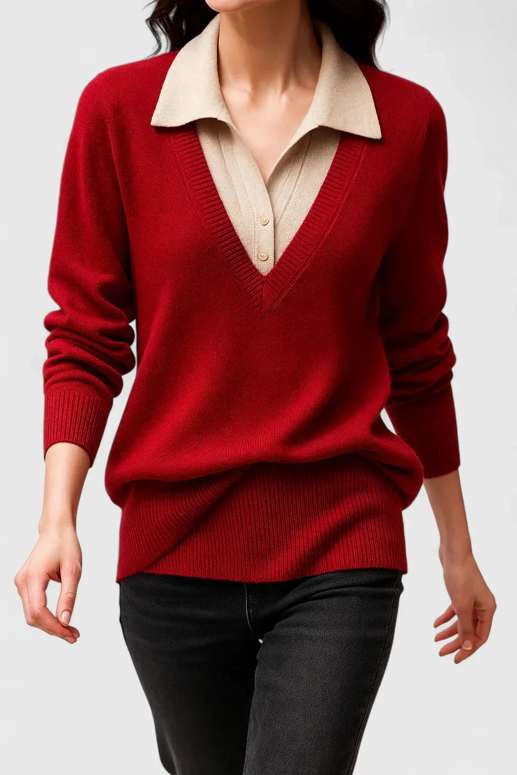 Women's knit v-neck jumper with button detail on cuffs