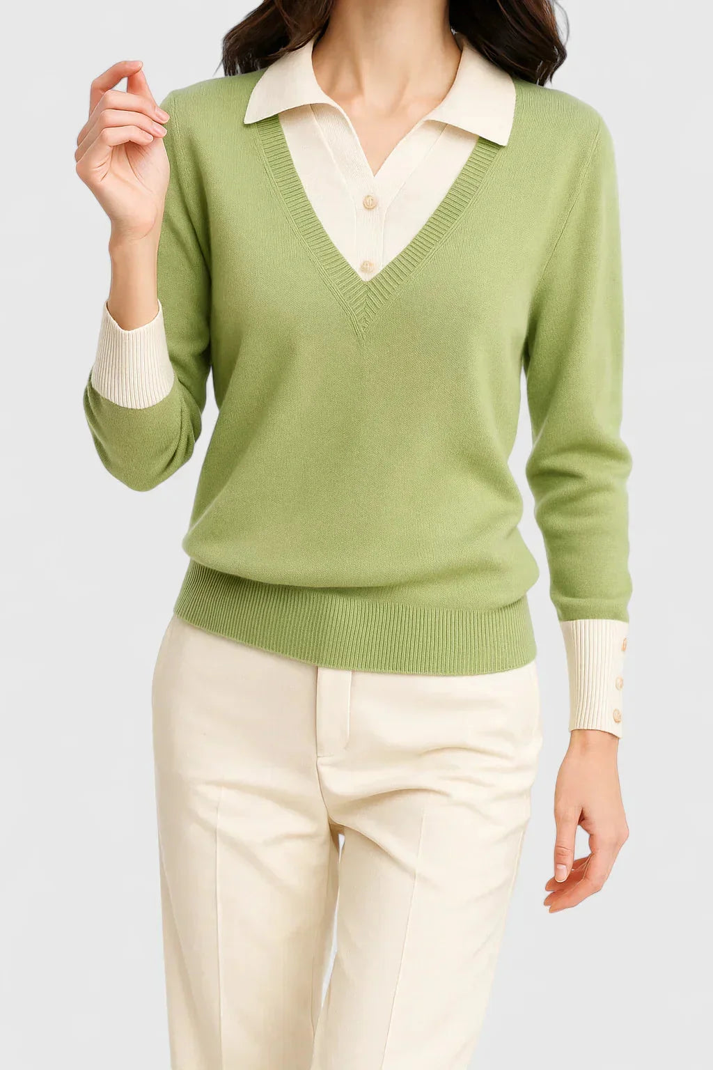 Women's knit v-neck jumper with button detail on cuffs