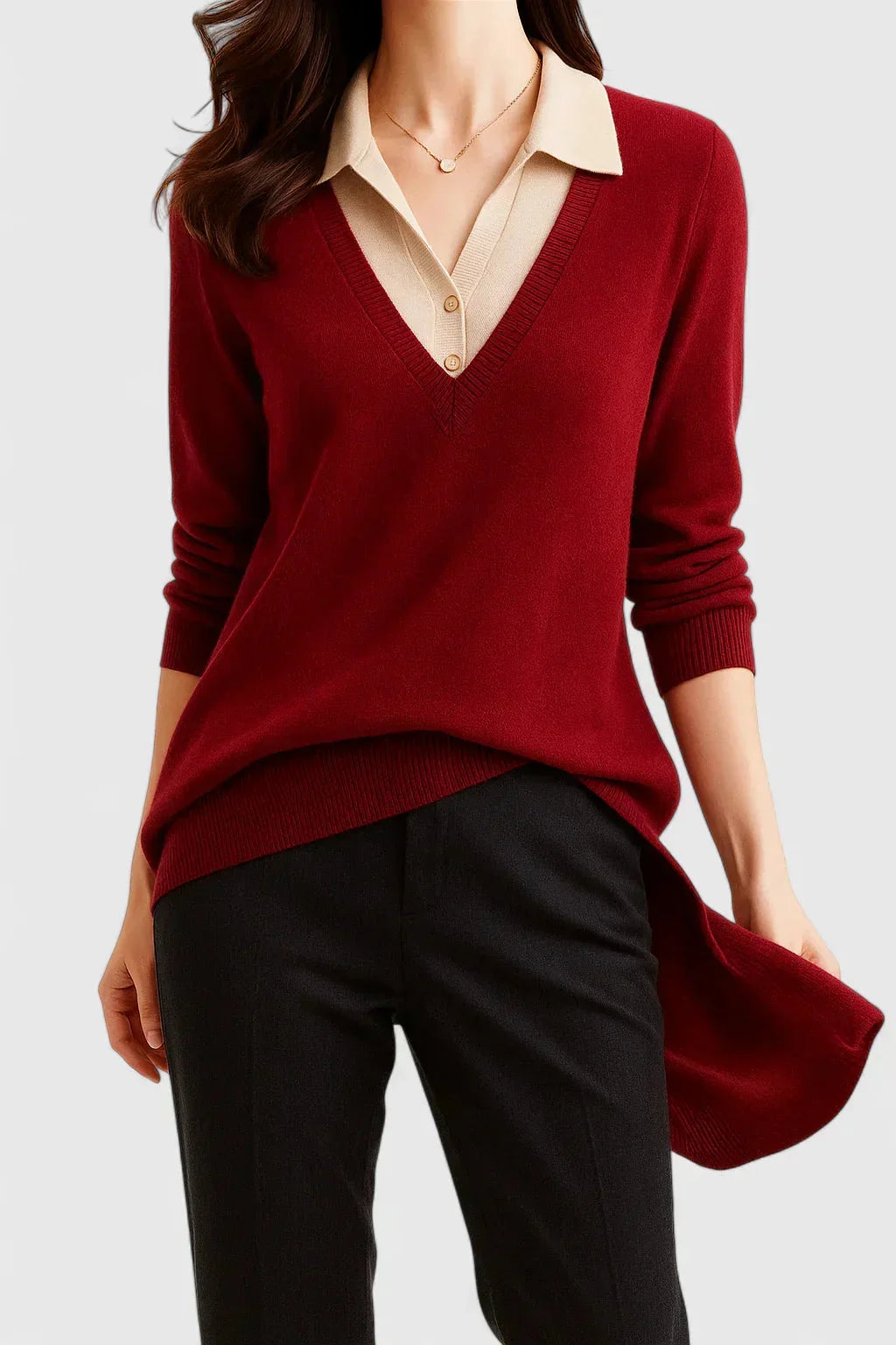 Women's knit v-neck jumper with button detail on cuffs
